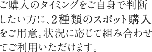 ご購入のタイミングをご自身で判断したい方に、2種類のスポット購入をご用意。状況に応じて組み合わせてご利用いただけます。